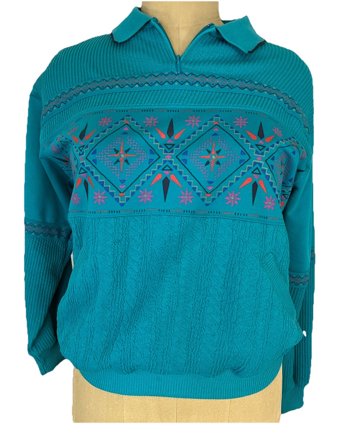 Vtg 90’s Petite Sophisticate Teal Textured L Sl Cotton Top W/ Aztec Print S