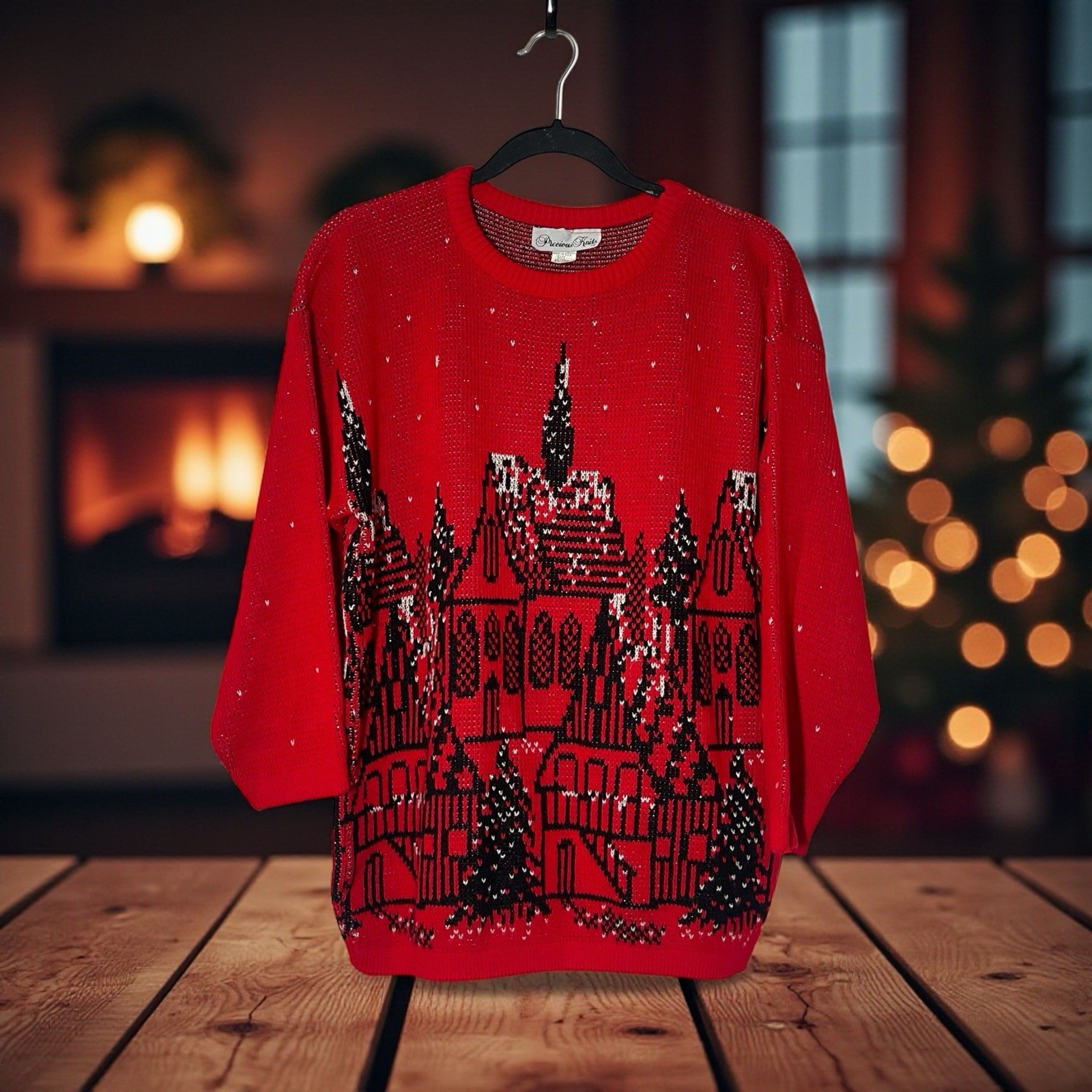 Vintage Christmas Sweater Village Precious Knits Plus Size 40/20W Holiday