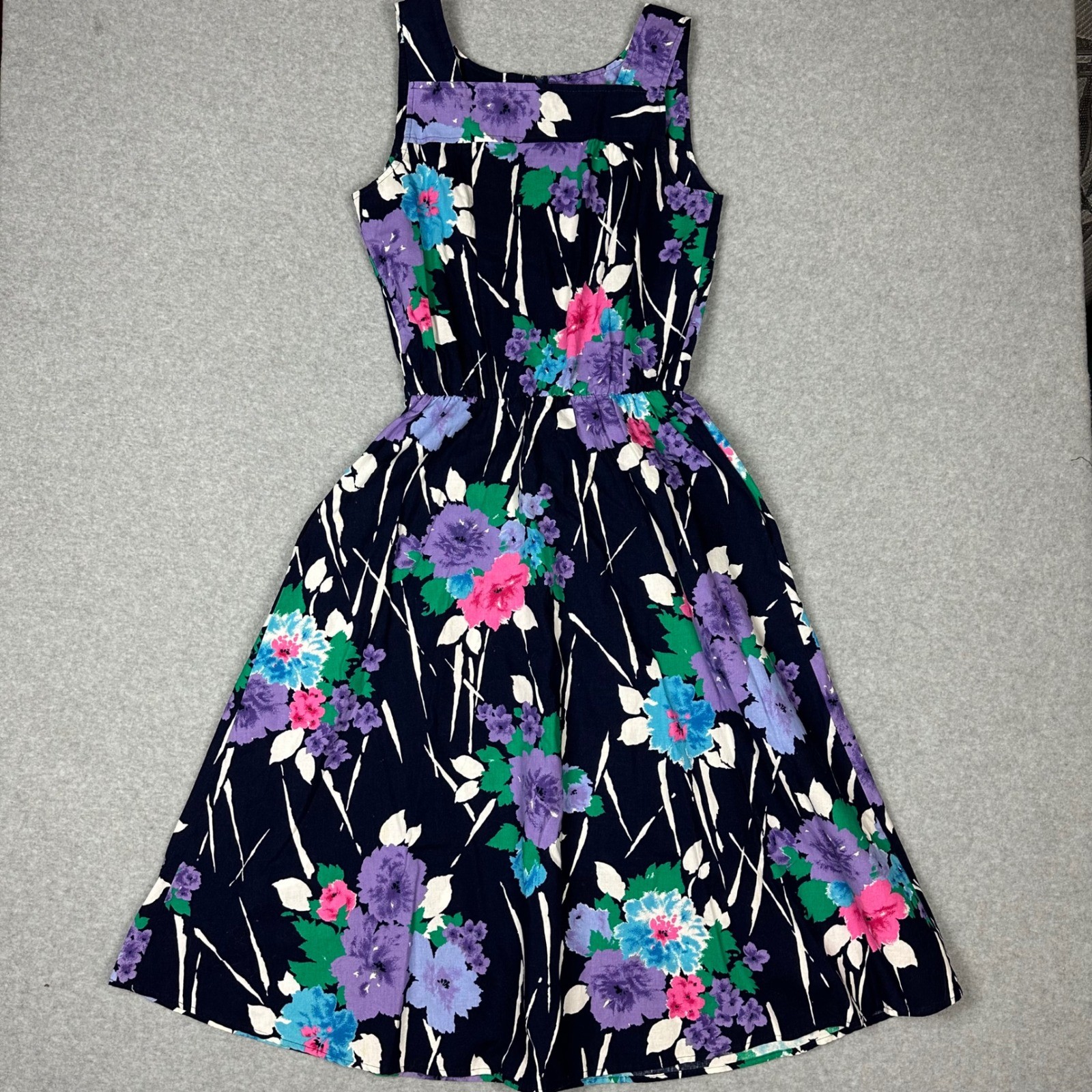 Vintage New Looks California Floral Sleeveless Midi Dress Navy Blue Pink Purple