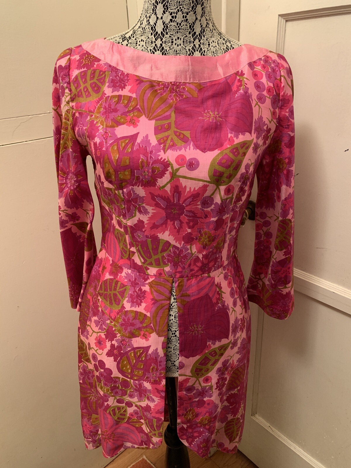 Vintage Silk Custom Made Japanese Style Dress Tunic Pink Fuchsia Small