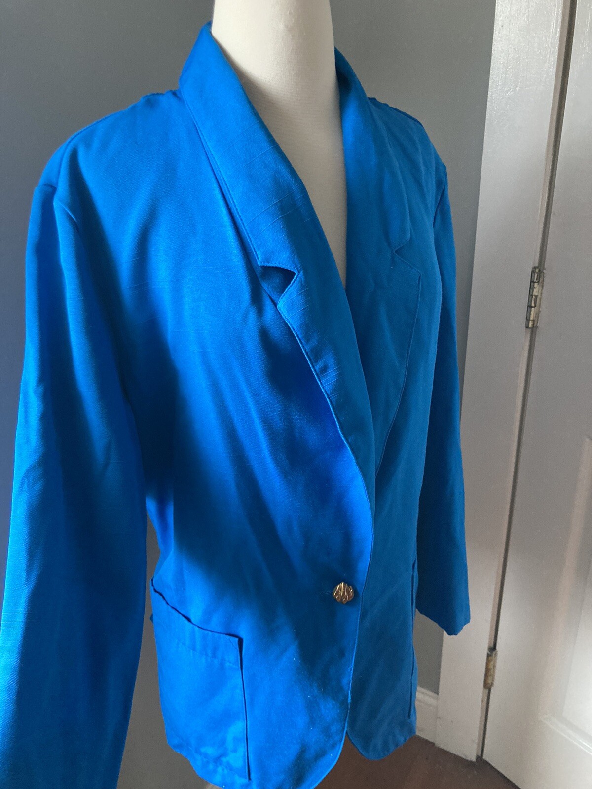 16 Blue Blazer Classic 80s Rayon jacket 1-button Notched collar blazer pockets