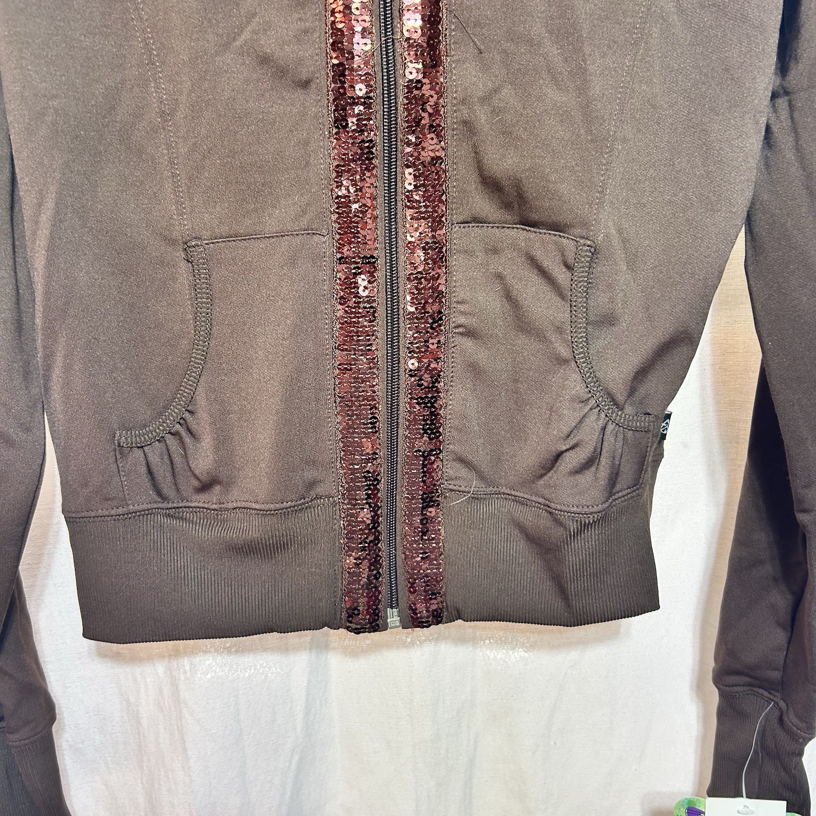 Vintage Self Esteem Brown Hoodie Copper Sequin Trim Y2K Grunge Retro Zip Up L