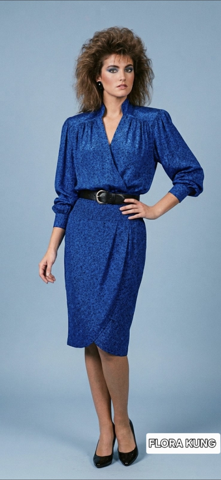Vtg 80&rsquo;s Flora Kung 100% Silk Wrap Bright Blue Black Abstract Power Dressing! 12