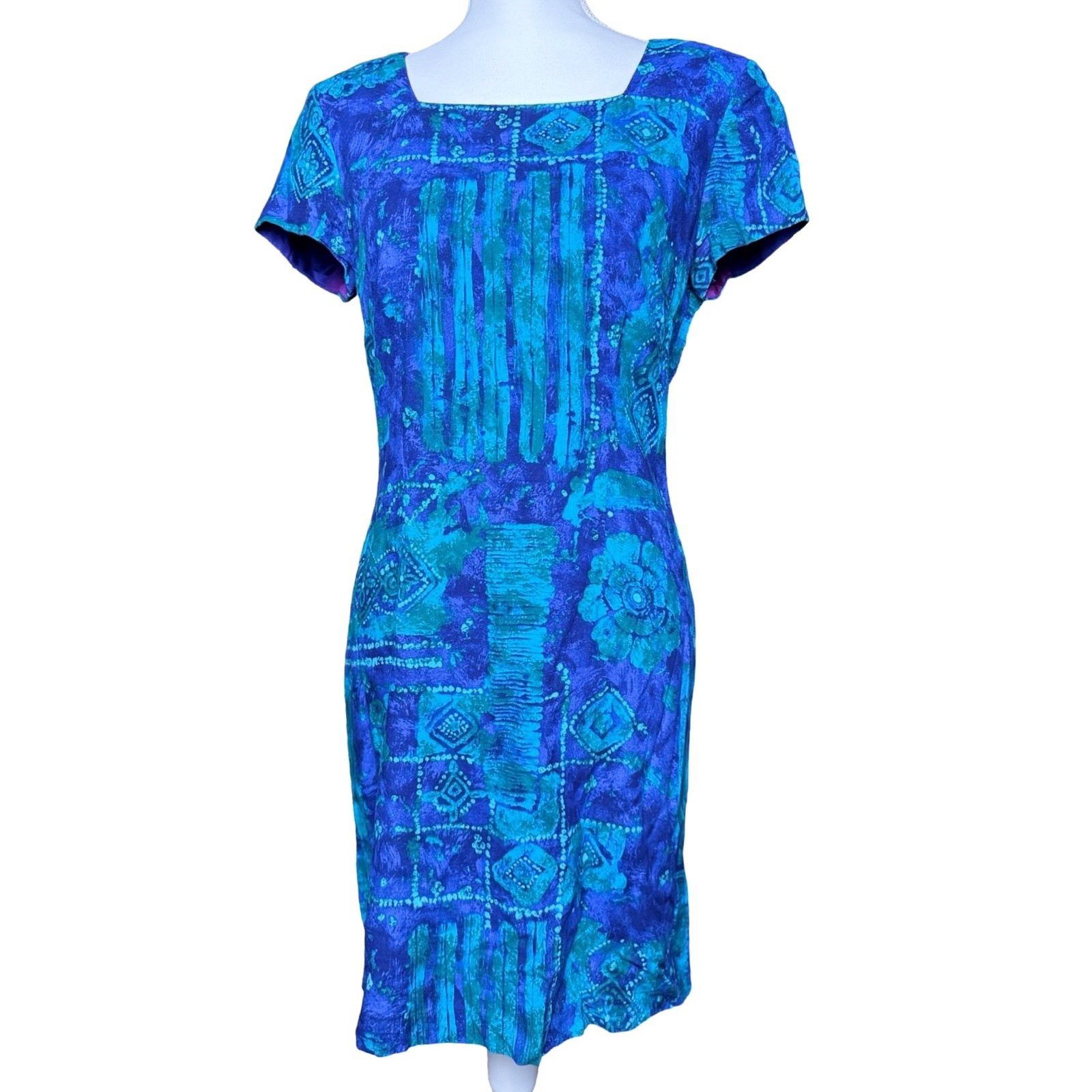 Vintage 90s Jessica Howard Blue Teal Abstract Floral Rayon Dress Size 8