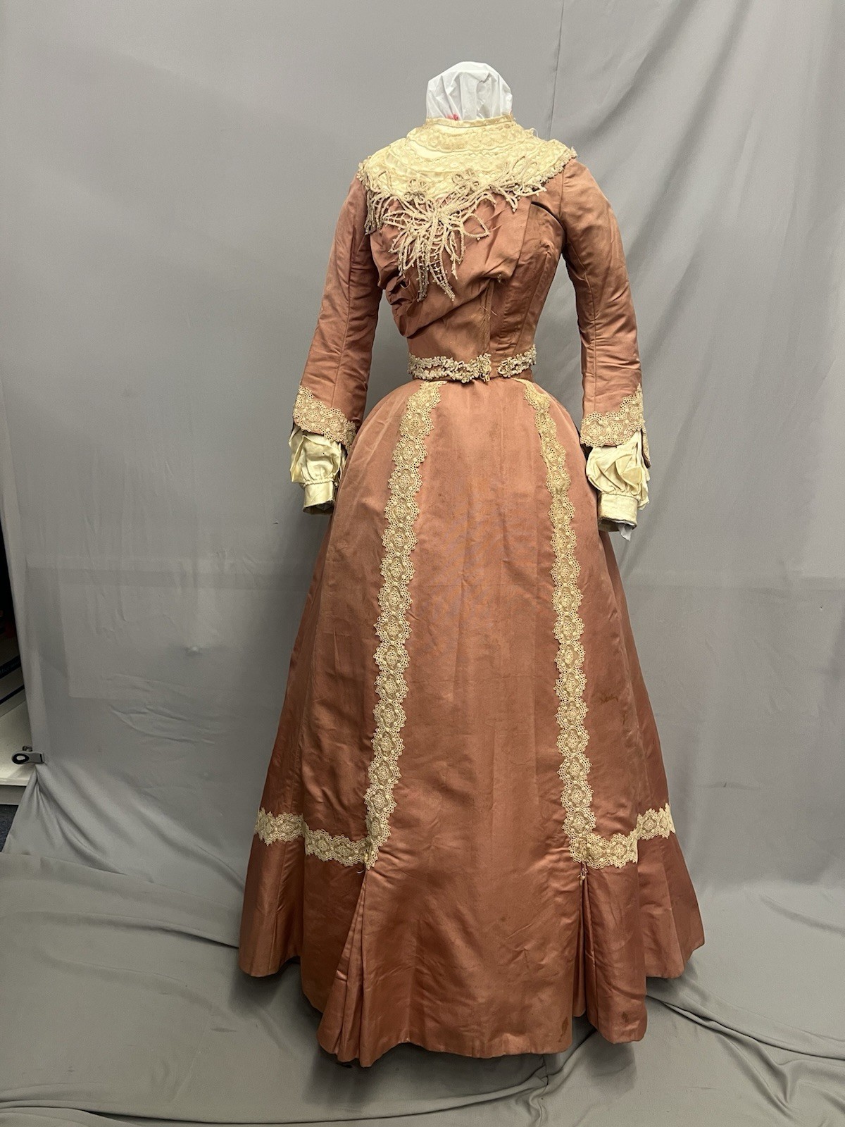 1890’s Peach Silk Faille & Lace Bustle Dinner Gown