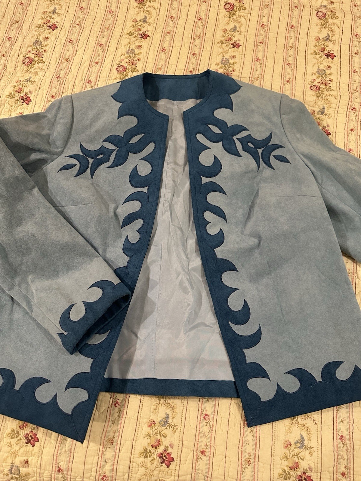 True Vintage 80s Blue Faux Suede Appliqué Jacket Southwestern Boho Artwear S/M M