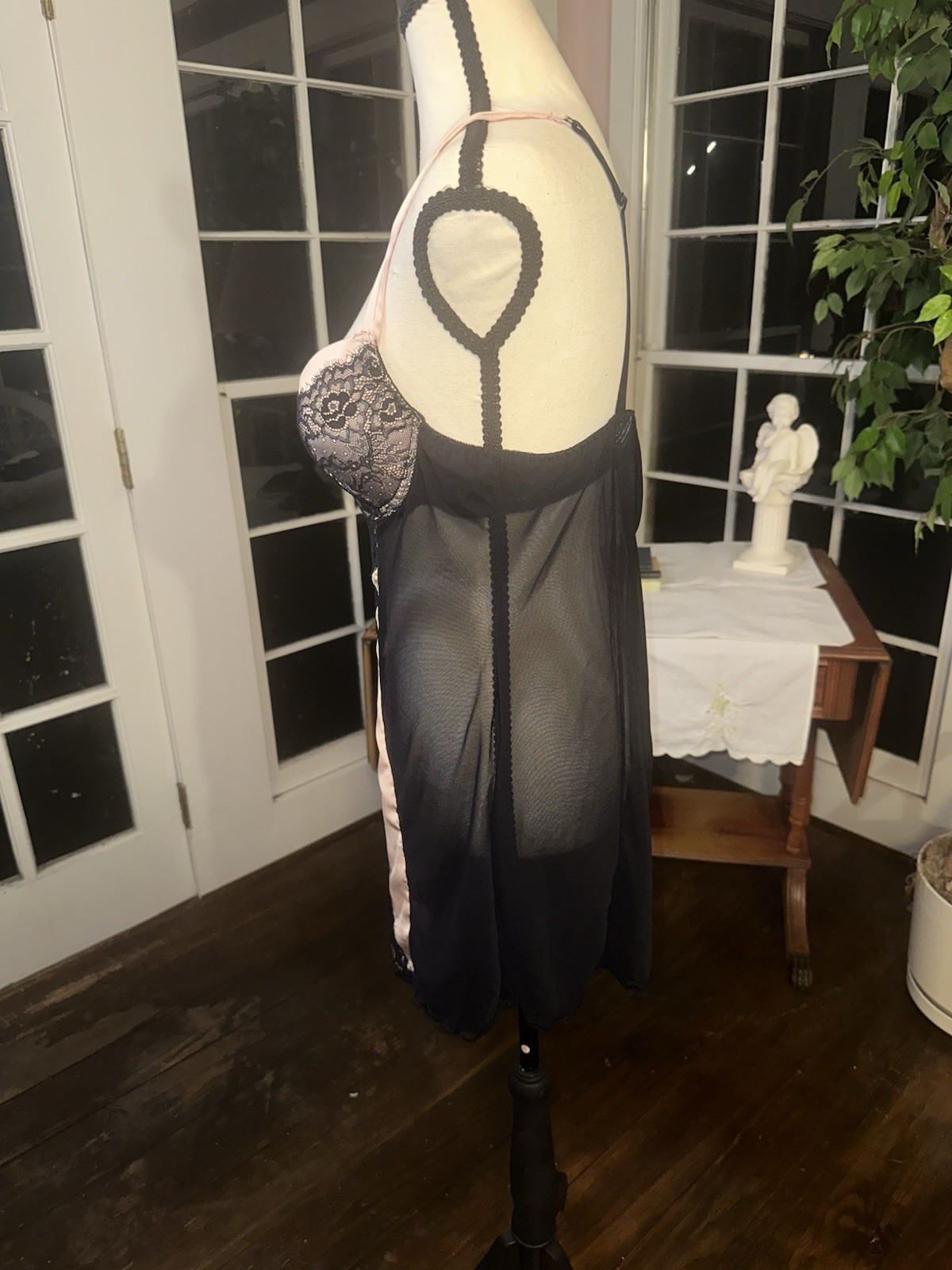 Vintage 90s Large Pink And Black Babydoll Negligee Nightgown Lingerie Lace Sexy