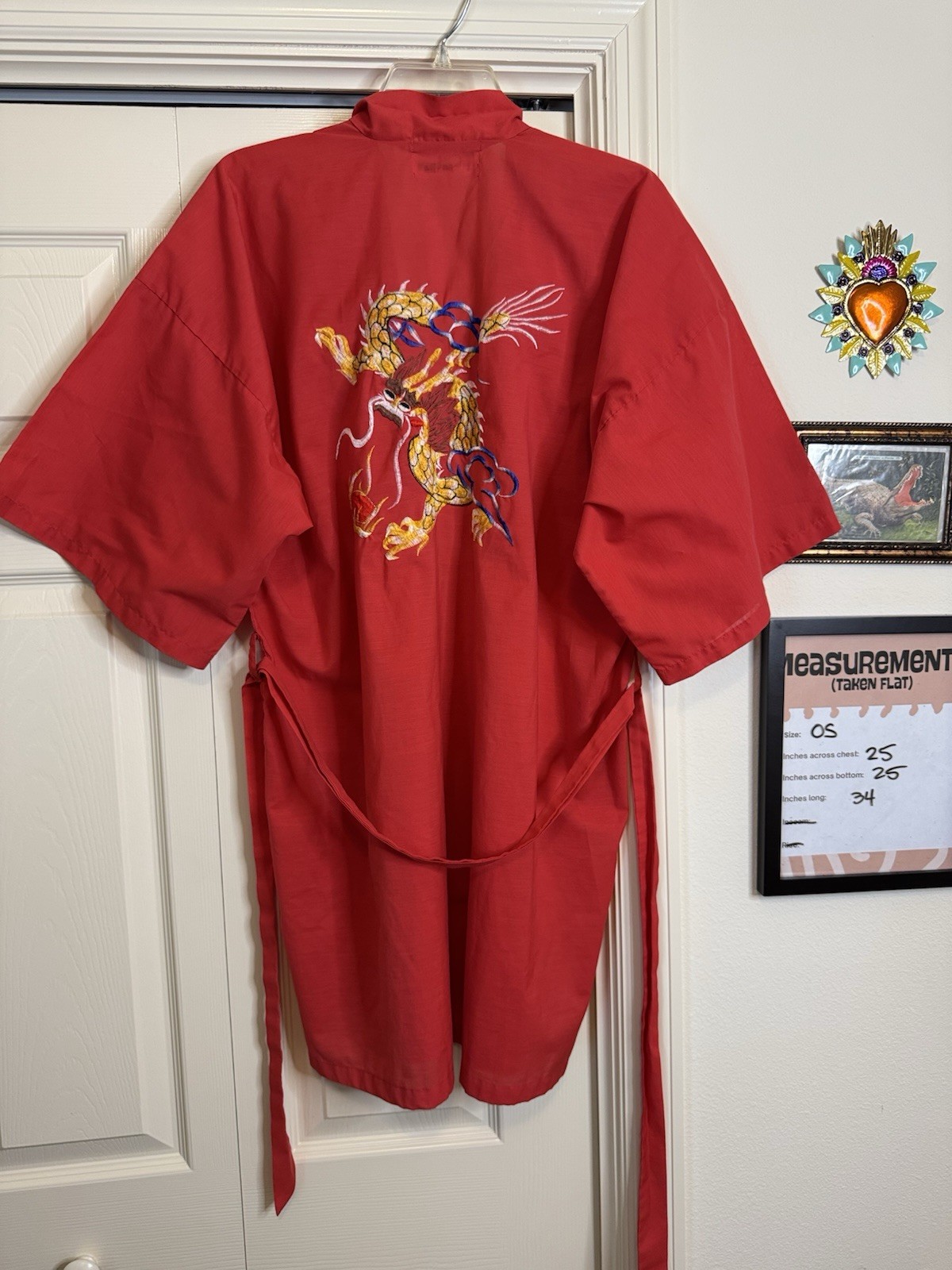 Daffodil Vintage Chinese Dragon Robe Embroidered Kimono Red Cotton Blend OS