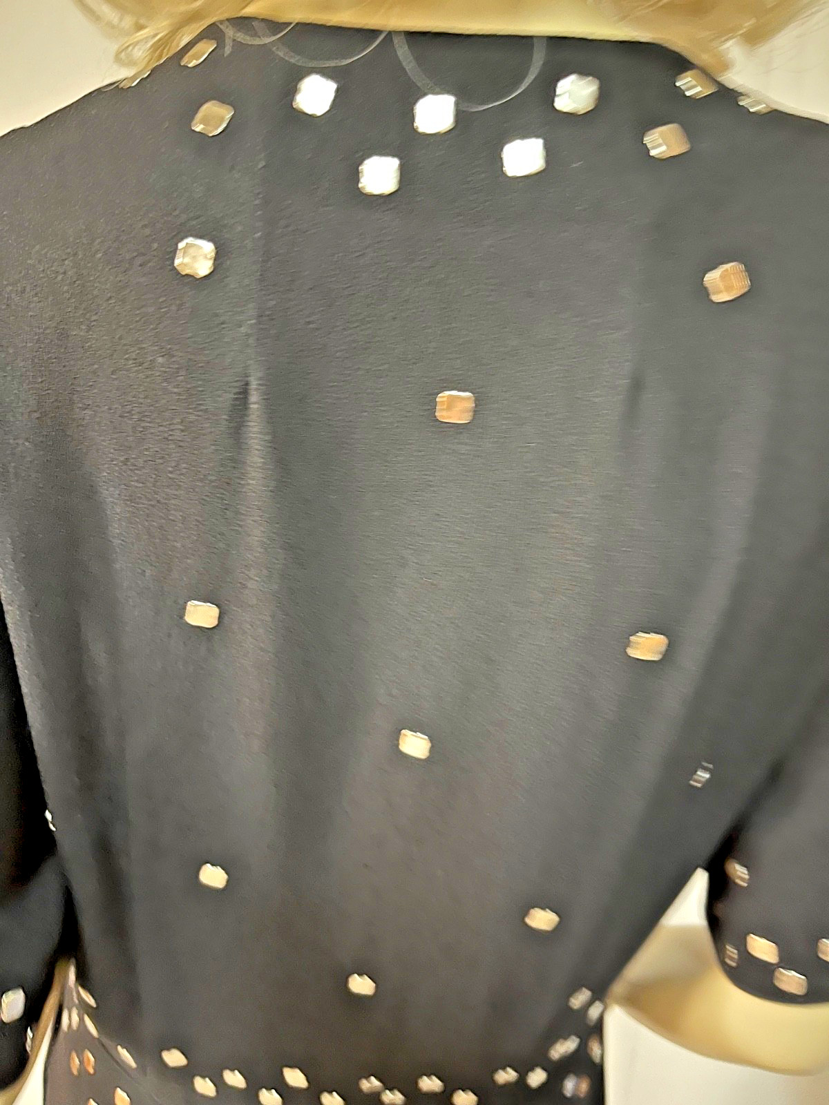 Stunning Prong Set Studded Vintage 1940s Black Rayon Mid Calf Dress Bust 38-39