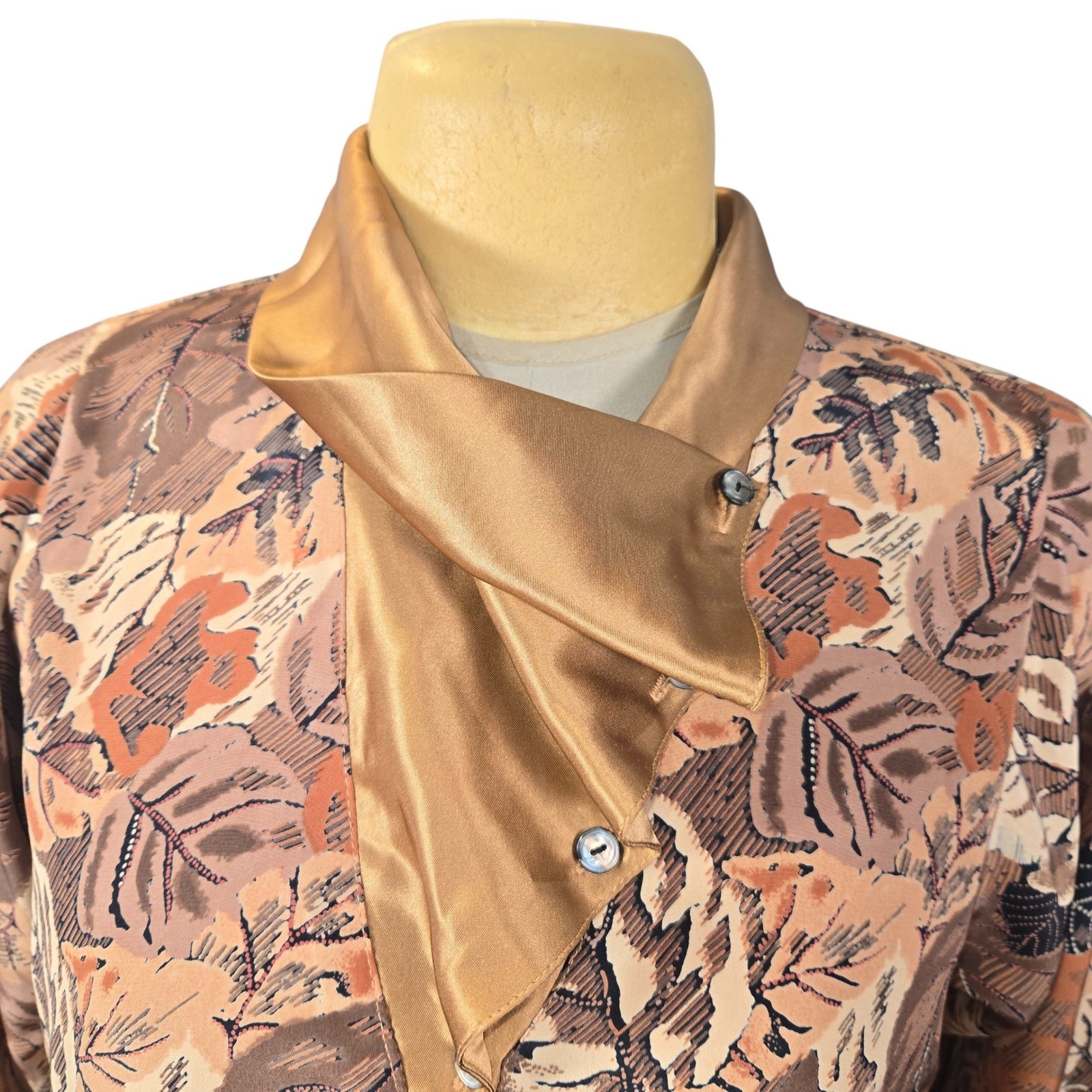 Vintage Macaw Womens Leaf Print Blouse Asymmetrical Satin Collar Brown Copper