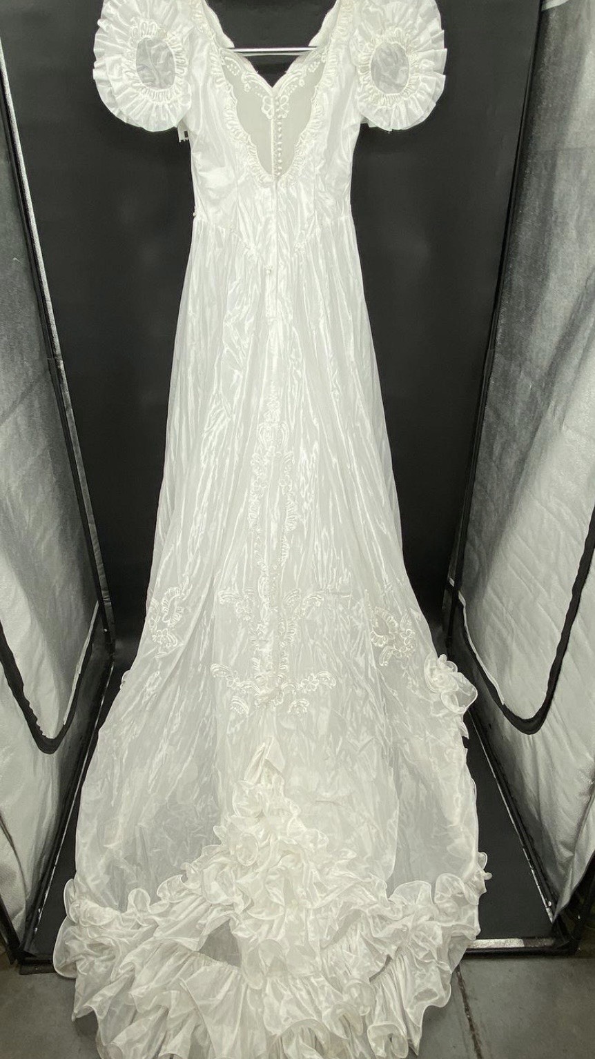 Vintage White Satiny Lace Victorian Style Regular Size Wedding Dress with Veil