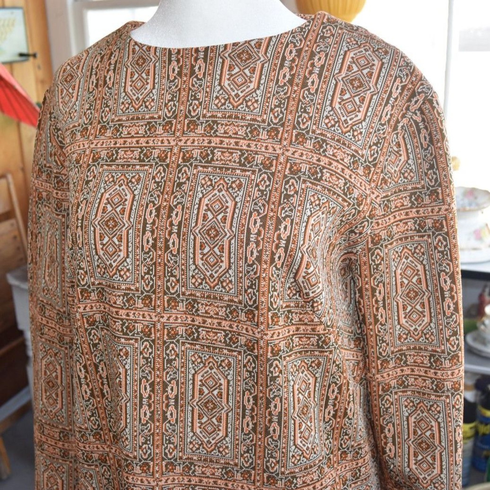 Vintage 60s 70s Mod Geometric Shift Dress Boho Lounge Maxi Large