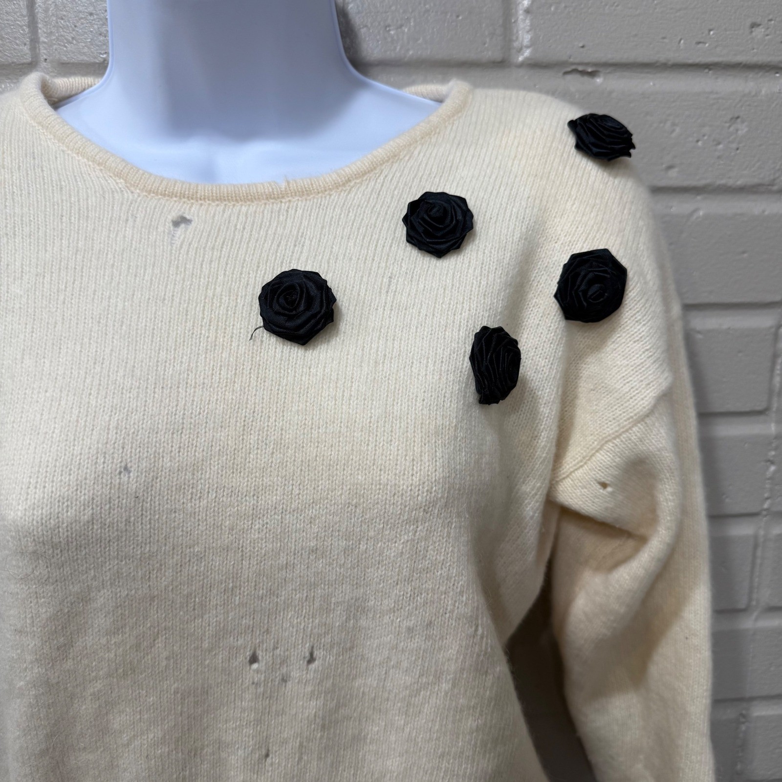 Vintage Angora Lambswool Satin Rosette Sweater Cream Distressed Medium Holes