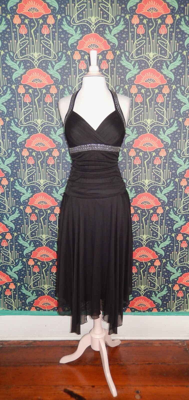 Vintage 90&rsquo;s Y2K Black Whimsigoth Pointy Hem Halter Fairycore Mesh Party Dress