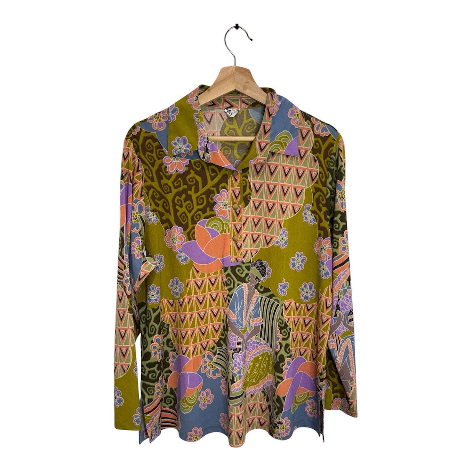 Vintage Japanese Psychedelic Mod Art Print Blouse M/L Retro Boho Top