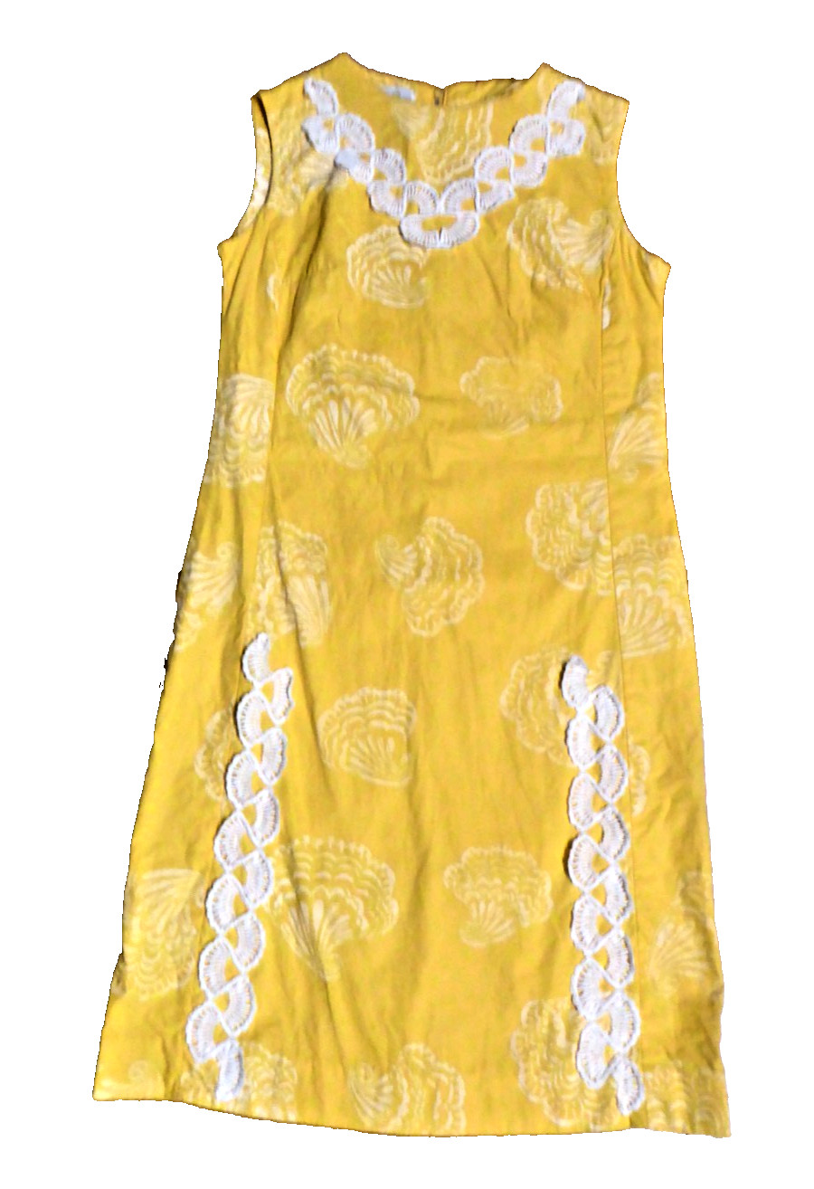 VTG 60s Flutterbye Mod Shift Dress Yellow Pique Shell Lace Summer Resort Sun S