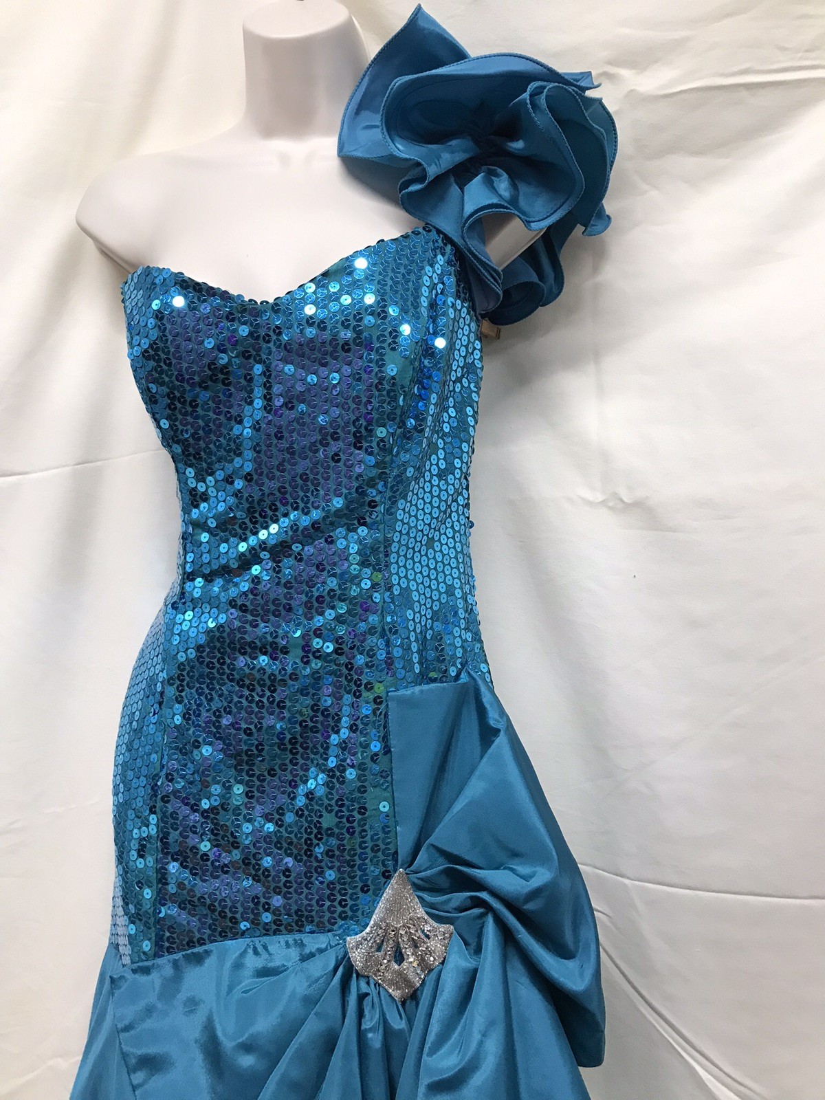 Vintage Nadine Teal Sequins One Shoulder Prom Party Formal Dress Gown Sz 11 USA