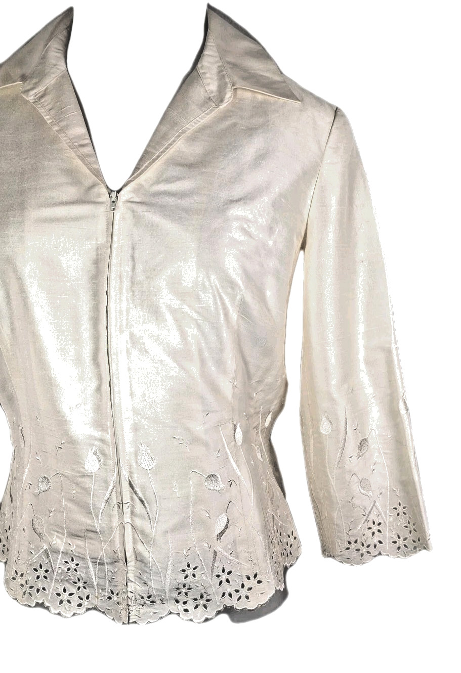 VTG Cachet Ivory 100% Silk Embroidered Evening Jacket Sz 12 Zip Front 3/4 Sleeve