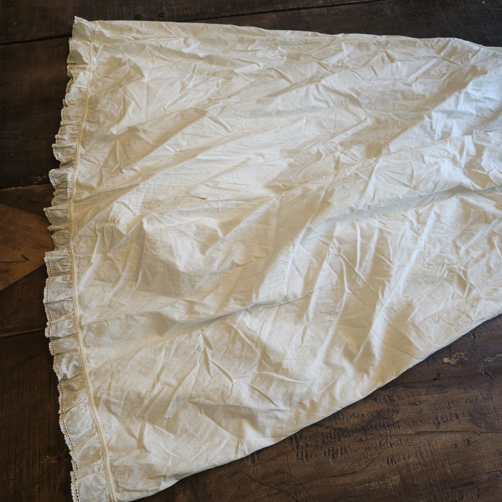 Antique Chemise Cream Lace Trim Slip Midi Dress w/ Ruffled Sleeves Edwardian
