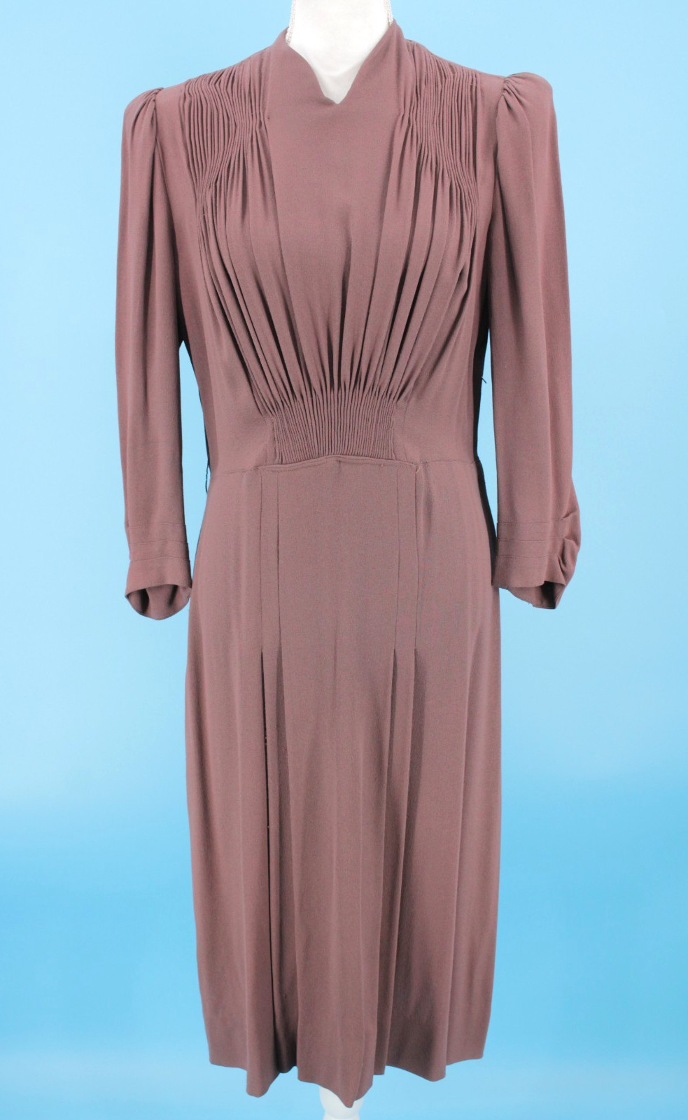 VTG Women&rsquo;s 30s Taupe Pleated / Ruched Front Midi Dress Sz S/M 1930s Rayon
