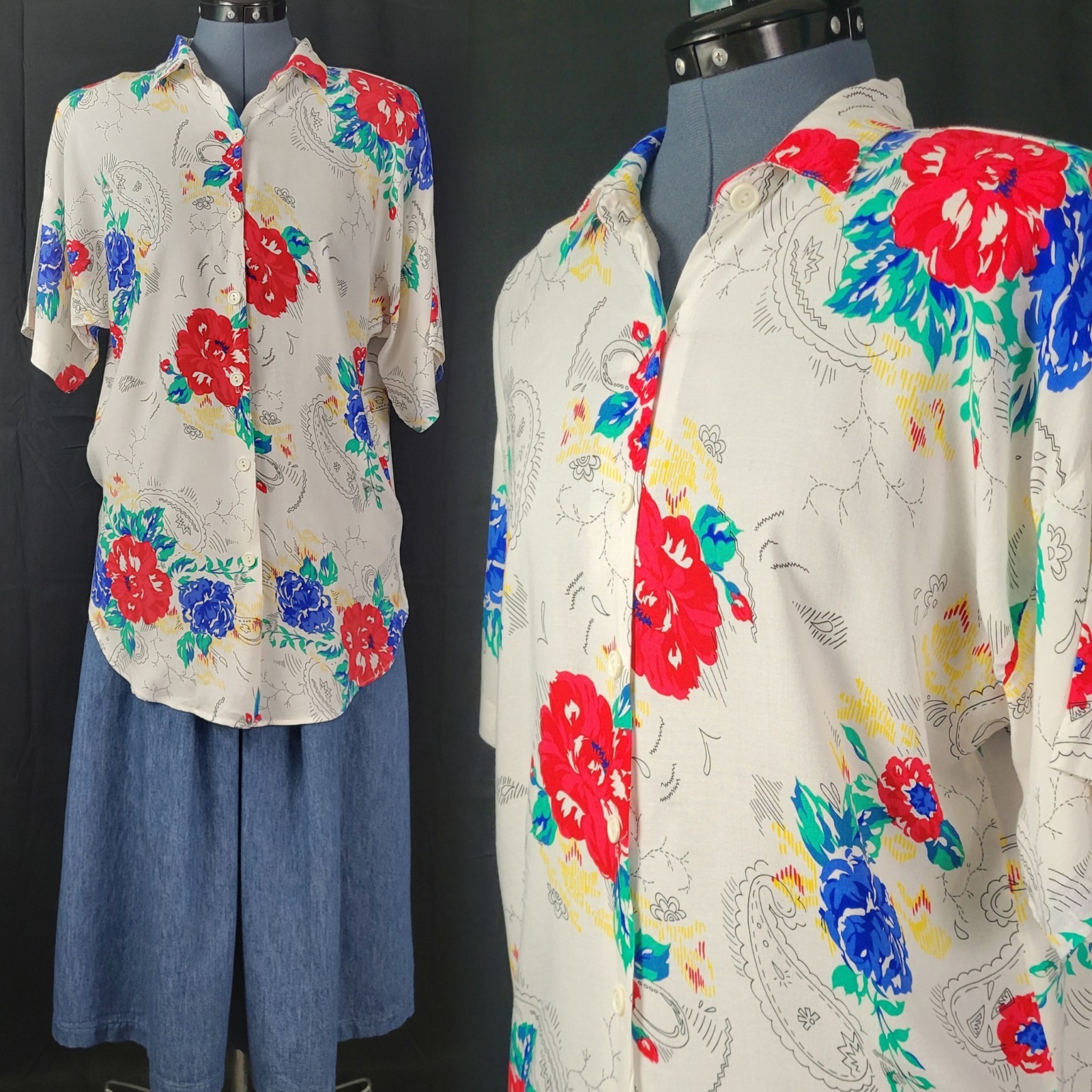 Vtg JP Cllctns White S/S Button Down w Red/Blue/Yellow/Green Florals Size S/M?