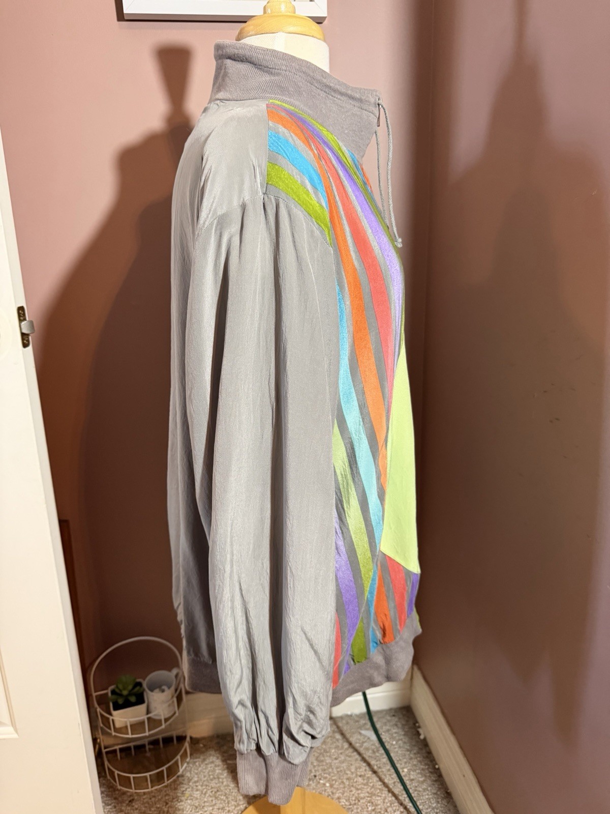 Vintage 100% Silk Full Zip Jacket Womens XL Gray Multicolor Stripe Colorblock