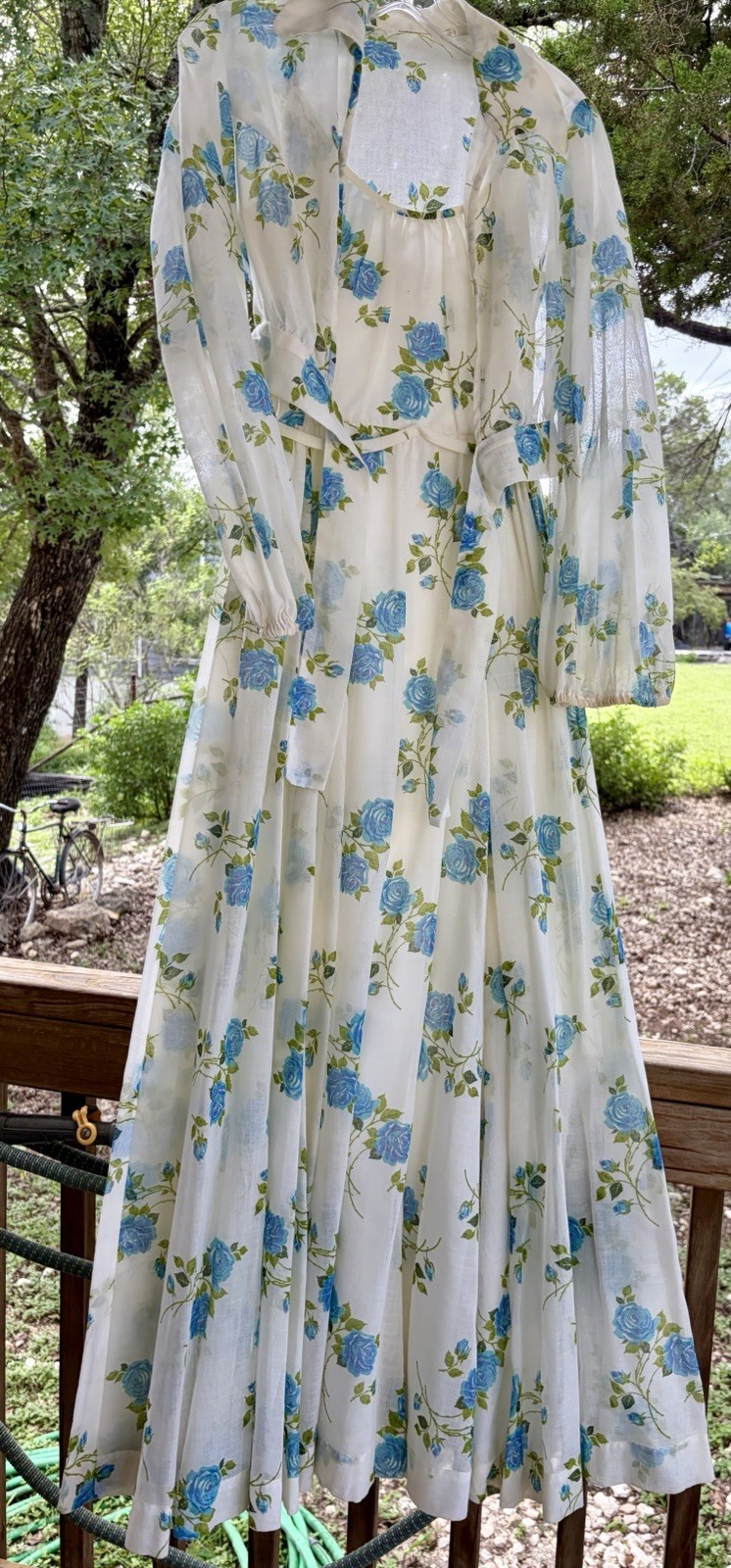 Vintage 70s Blue Floral Prairie Maxi Dress With Long Sleeve Sheer Jacket