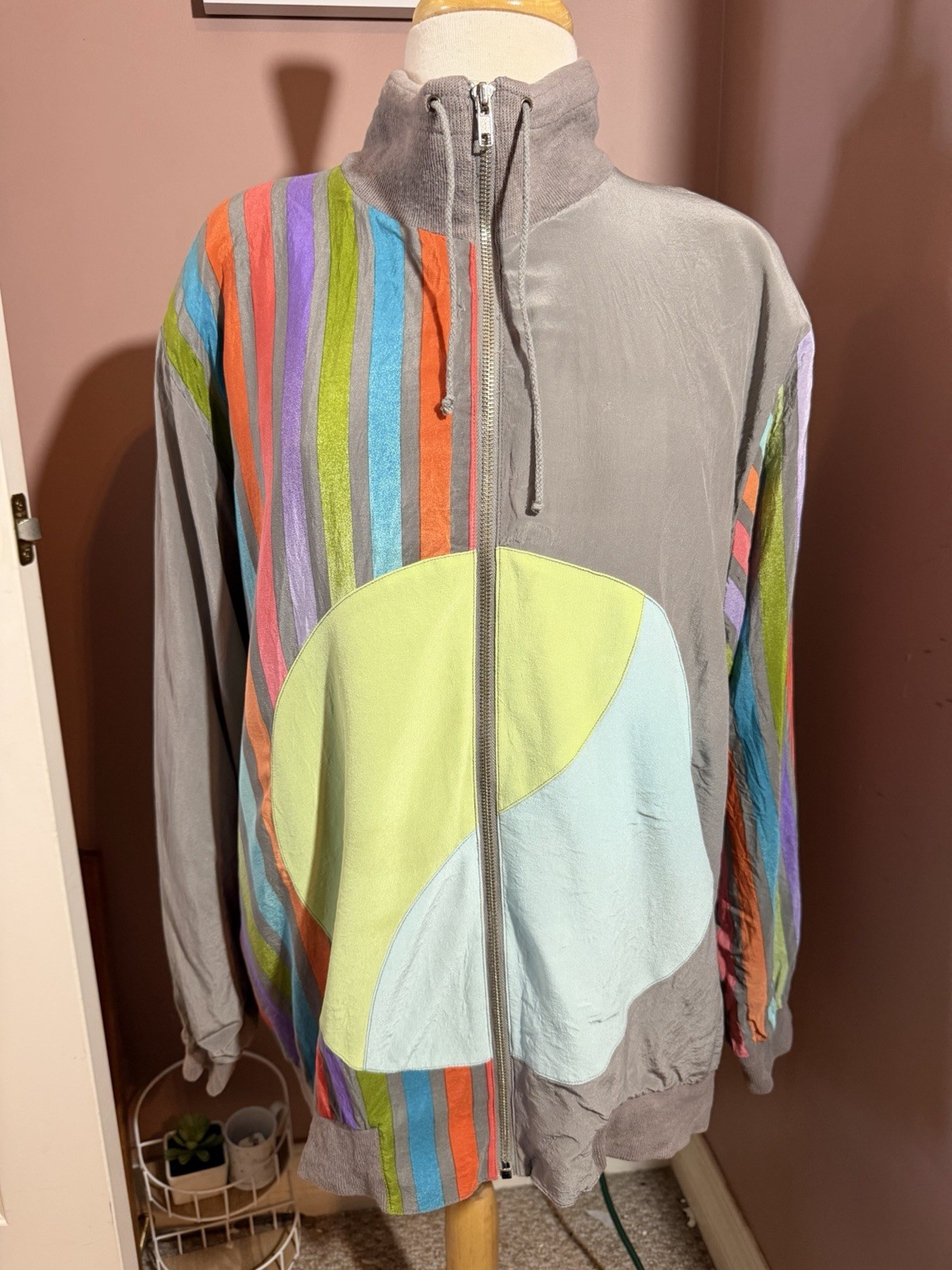Vintage 100% Silk Full Zip Jacket Womens XL Gray Multicolor Stripe Colorblock