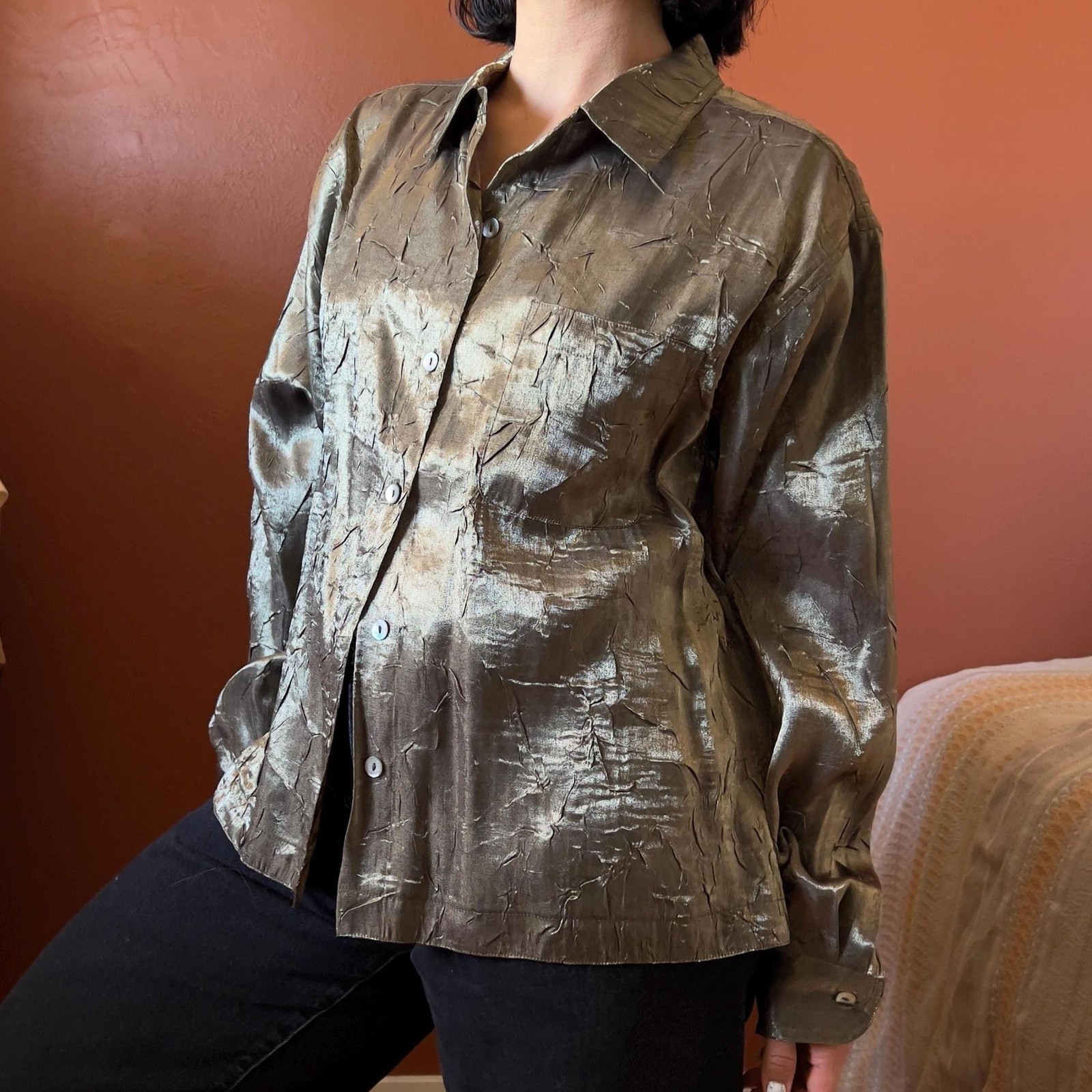 vintage chicos gold crinkle blouse rayon blend size 2 Large
