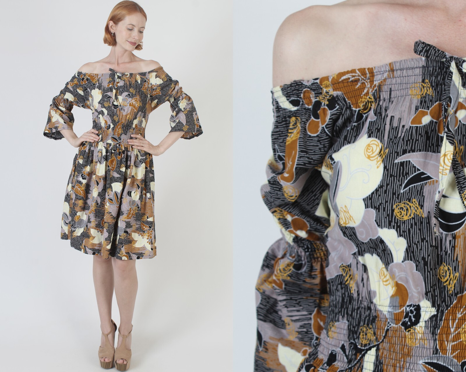 Vtg All Over Print Printed Mini Dress Smocked Bell Sleeve Ethnic Batik Sundress