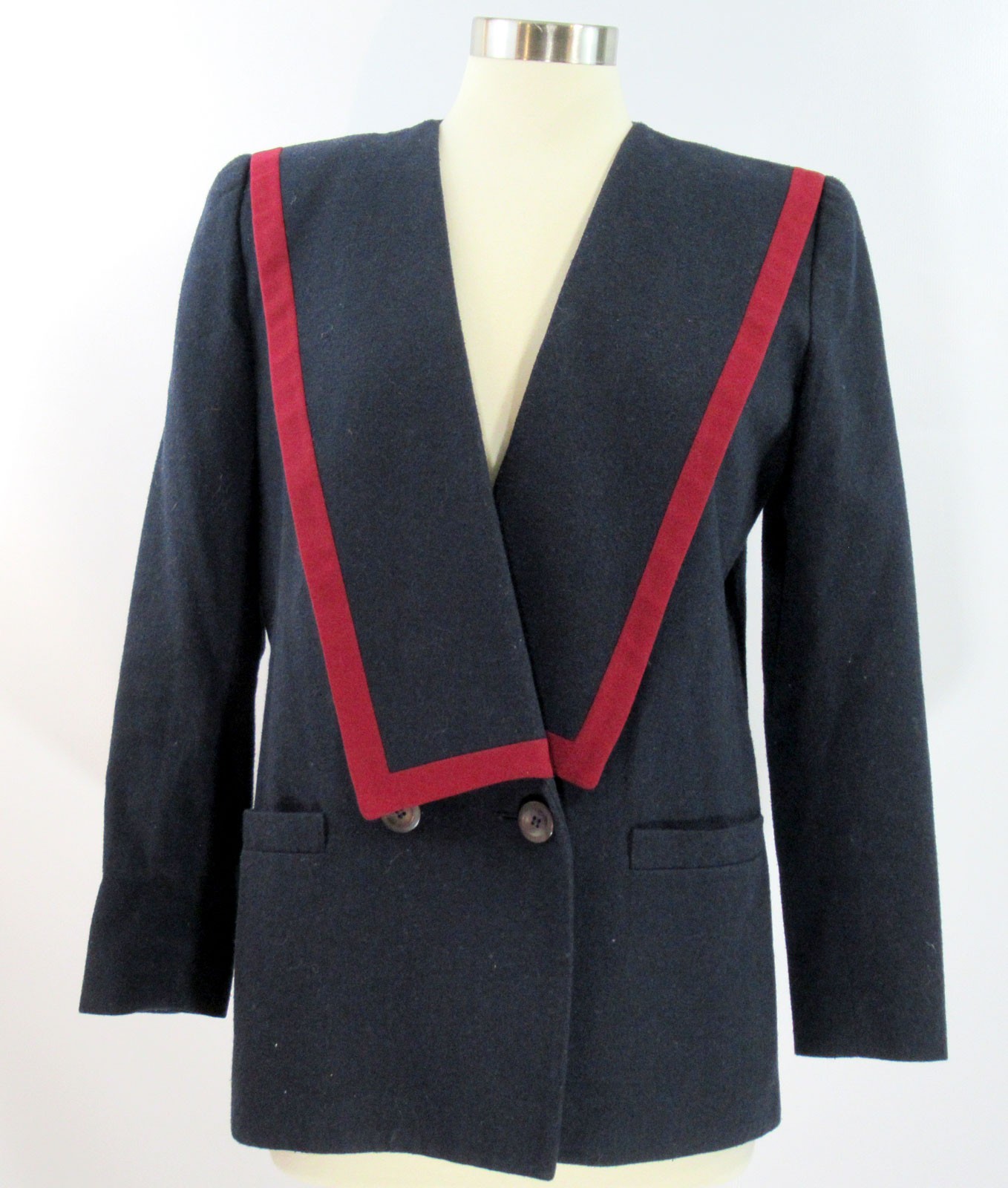 Vintage 1980s oversized Sasson jacket asymmetrical sailor collar lapels blue red