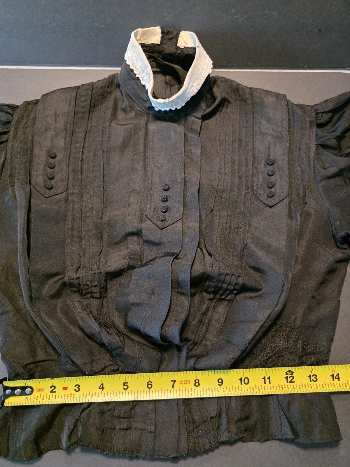 Antique 1890s Victorian Black Silk Mourning Bodice Blouse High Neck Pleated Lace