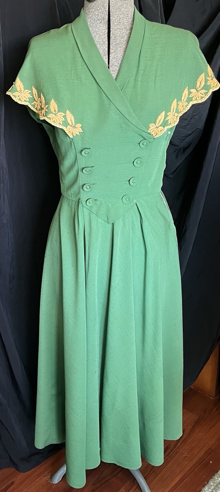Vintage 1940s 1950s Green Linen HSM Dress Raffia Embroidered Collar Full Skirt