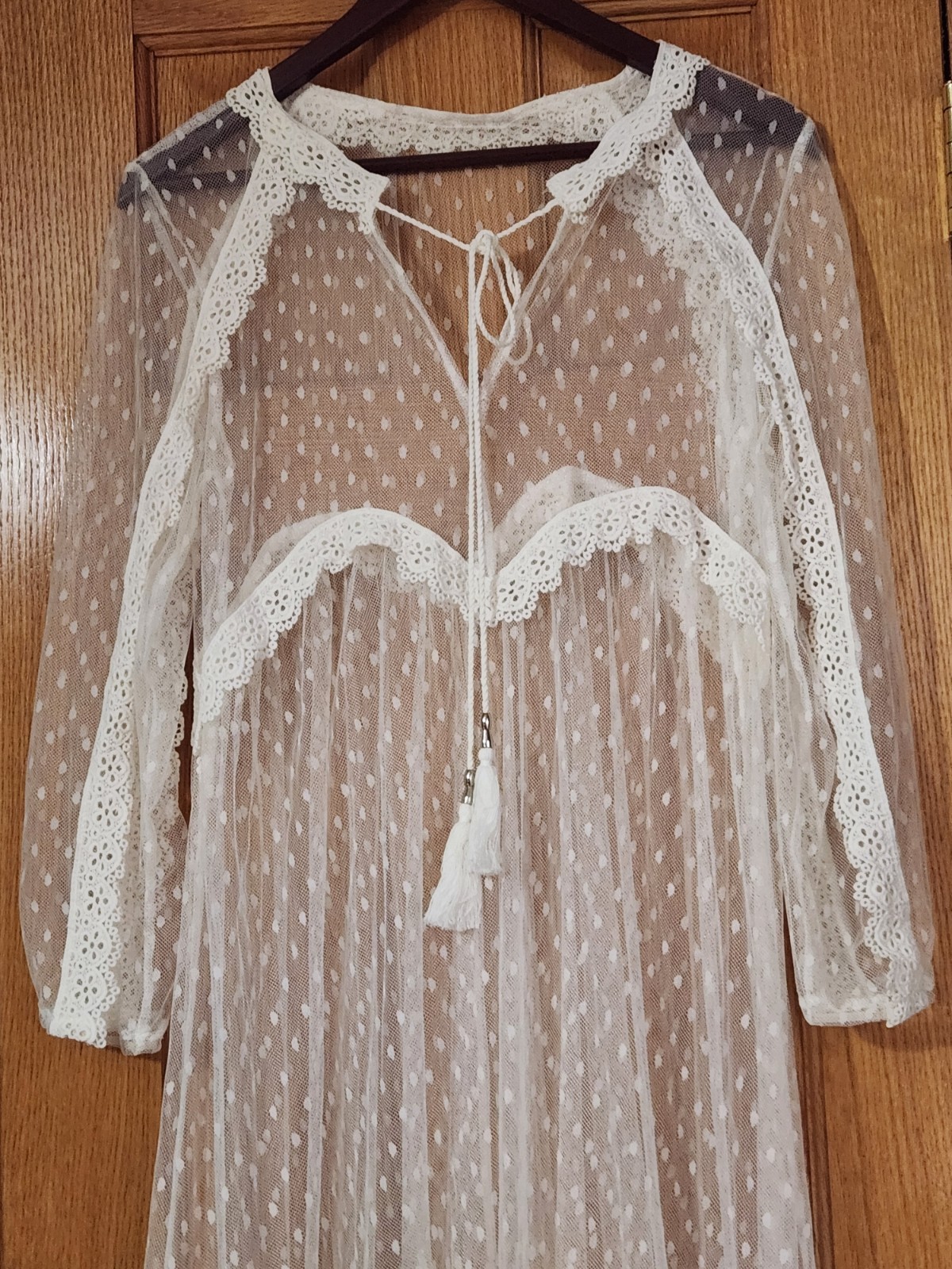 Swiss Dot Mesh Laced Maxi Naked Dress Asymmetric Women M Off White Boho Ethereal