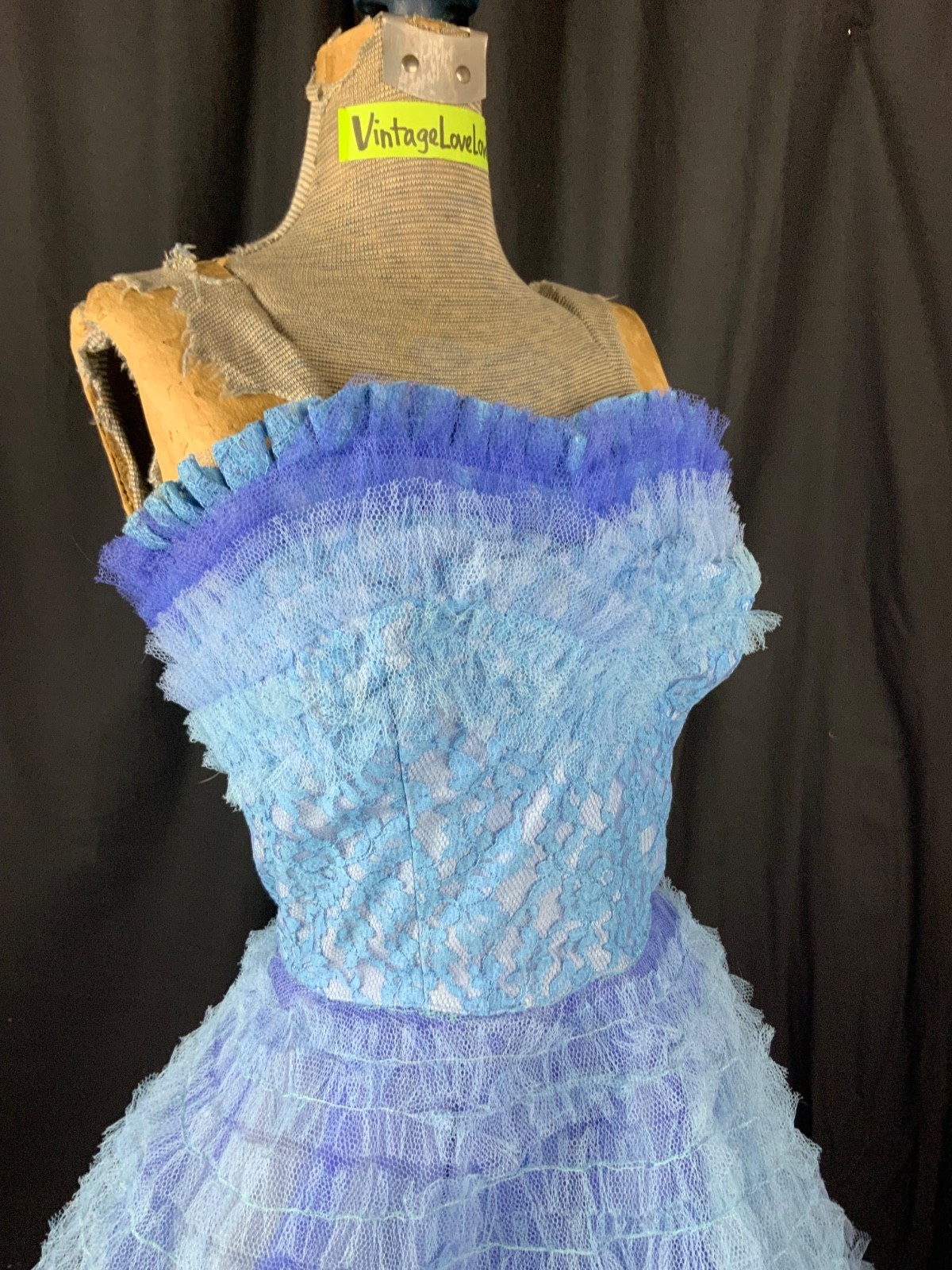 Vtg 50s Ombré Blue Ruffle Lace Strapless Party Ball Gown Dress-Bust 30/2XS