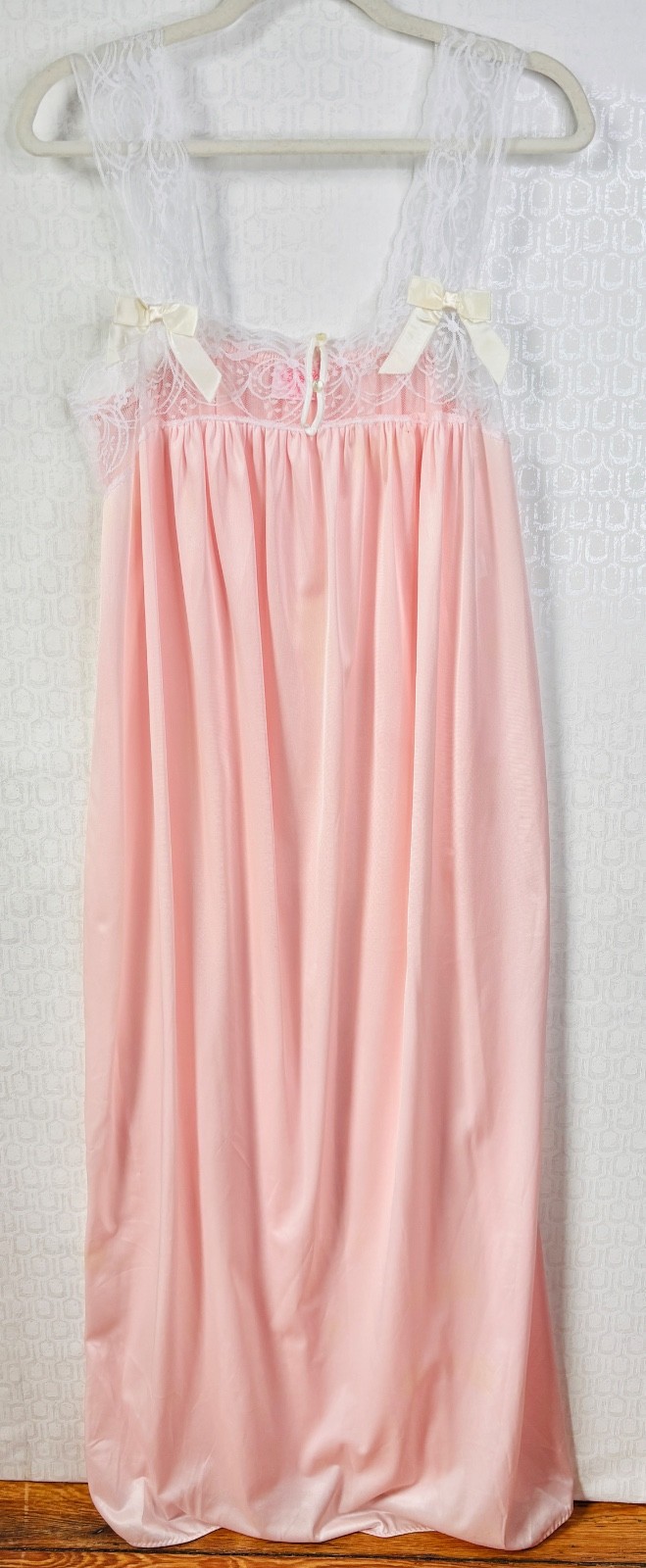 VTG 70&rsquo;S ROMANTIC MOODS PINK&WHITE LACE TRIM LONG SWEEPING GODDESS NIGHTGOWN*L