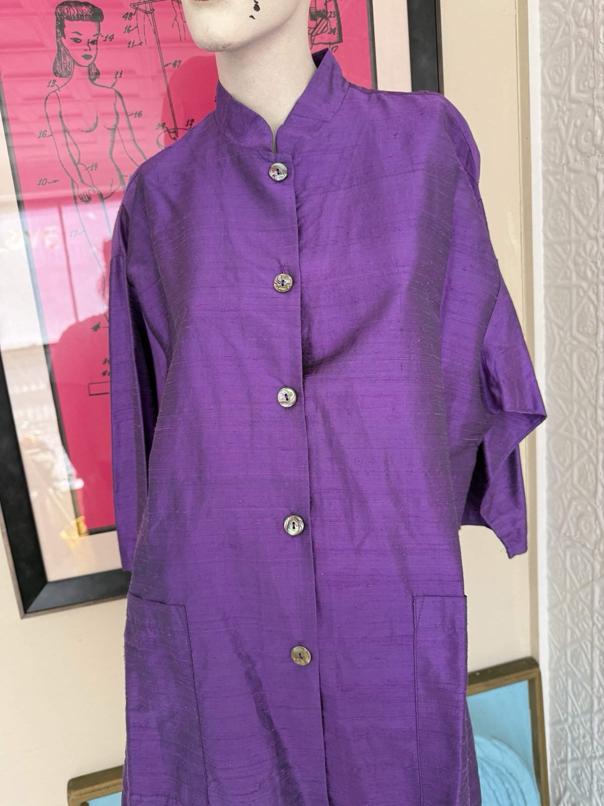 Vintage 1990s silk blouse purple mandarin collar minimalist art to wear Gerties