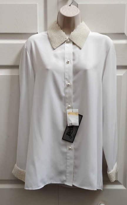 Women&rsquo;s Size 14 Vintage Blouse White Long Sleeves Faux Pearl Trim NWT