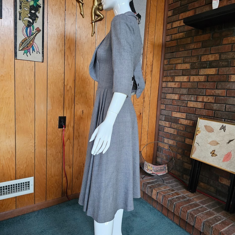 Vtg 40s 50s Wing Cuff Gray Wool Full Skirt Victory Suit Carlye Coat Dress XS/S
