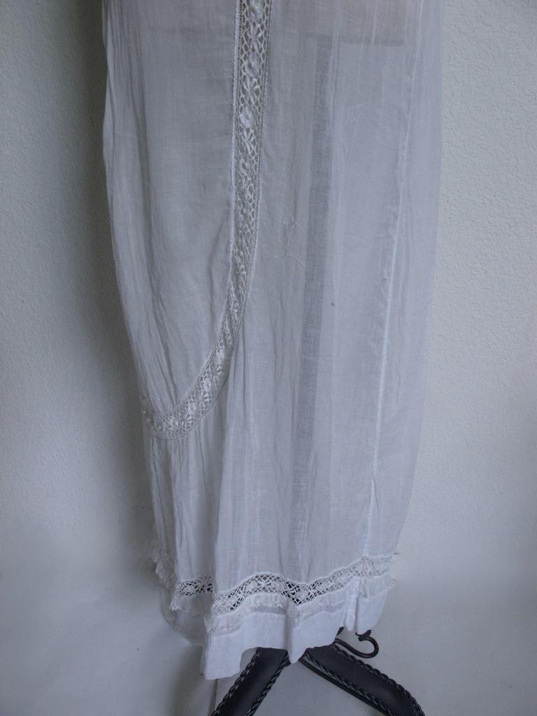 Antique Victorian Edwardian White Sheer Voile Dress XXXS Lace Trim Pintucks