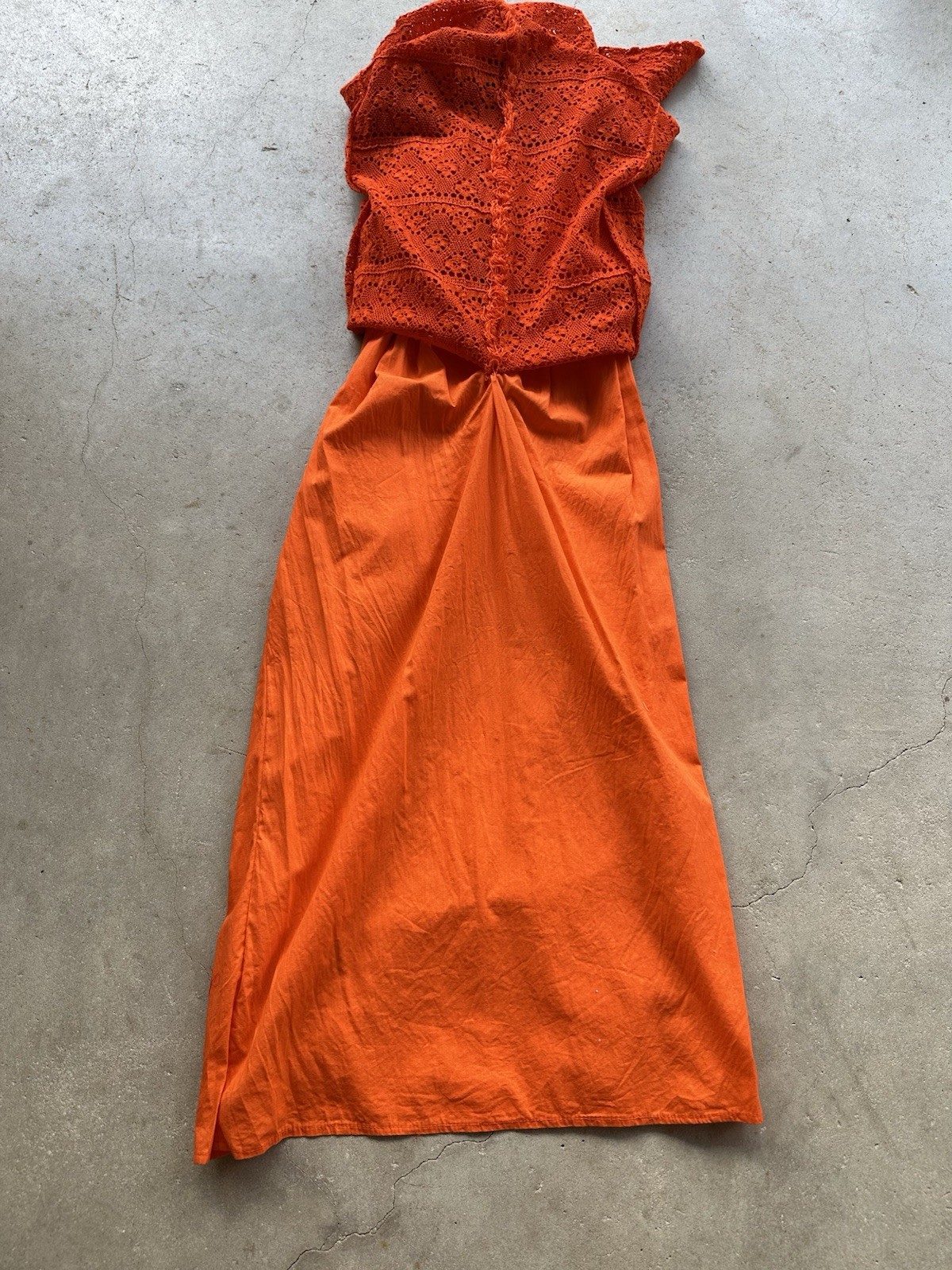 1970s Mexican Crochet Lace Maxi Dress Orange Cotton Boho Huipil XS S Vintage