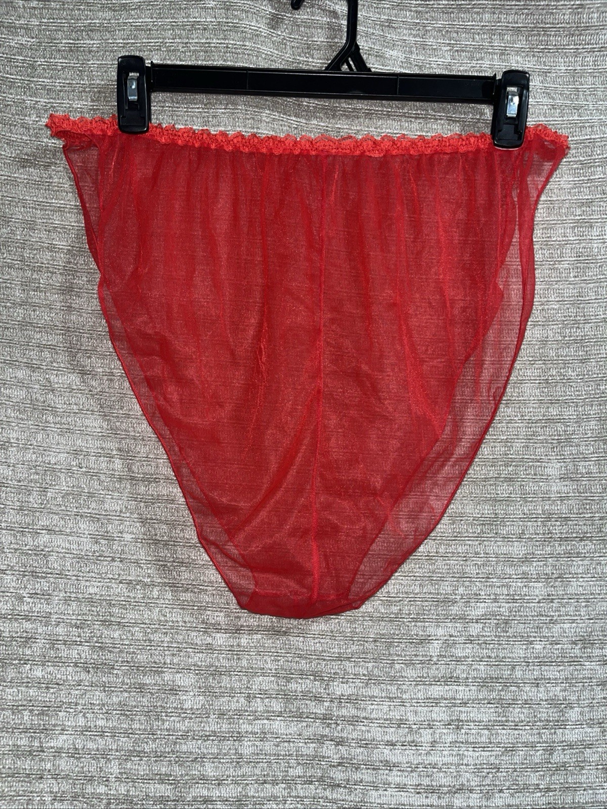 Vintage 1970s Red Sheer Nylon String Lace Trim High Cut Legs Sissy Panties 2XL