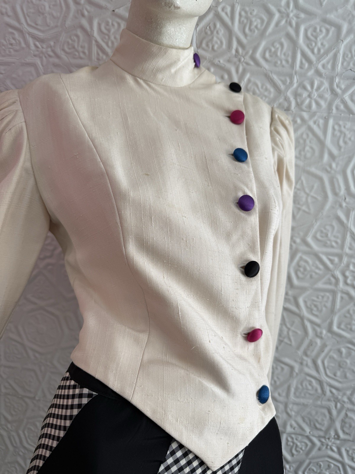 vintage 1980s silk jacket white rainbow designer cropped minimalist tailored S
