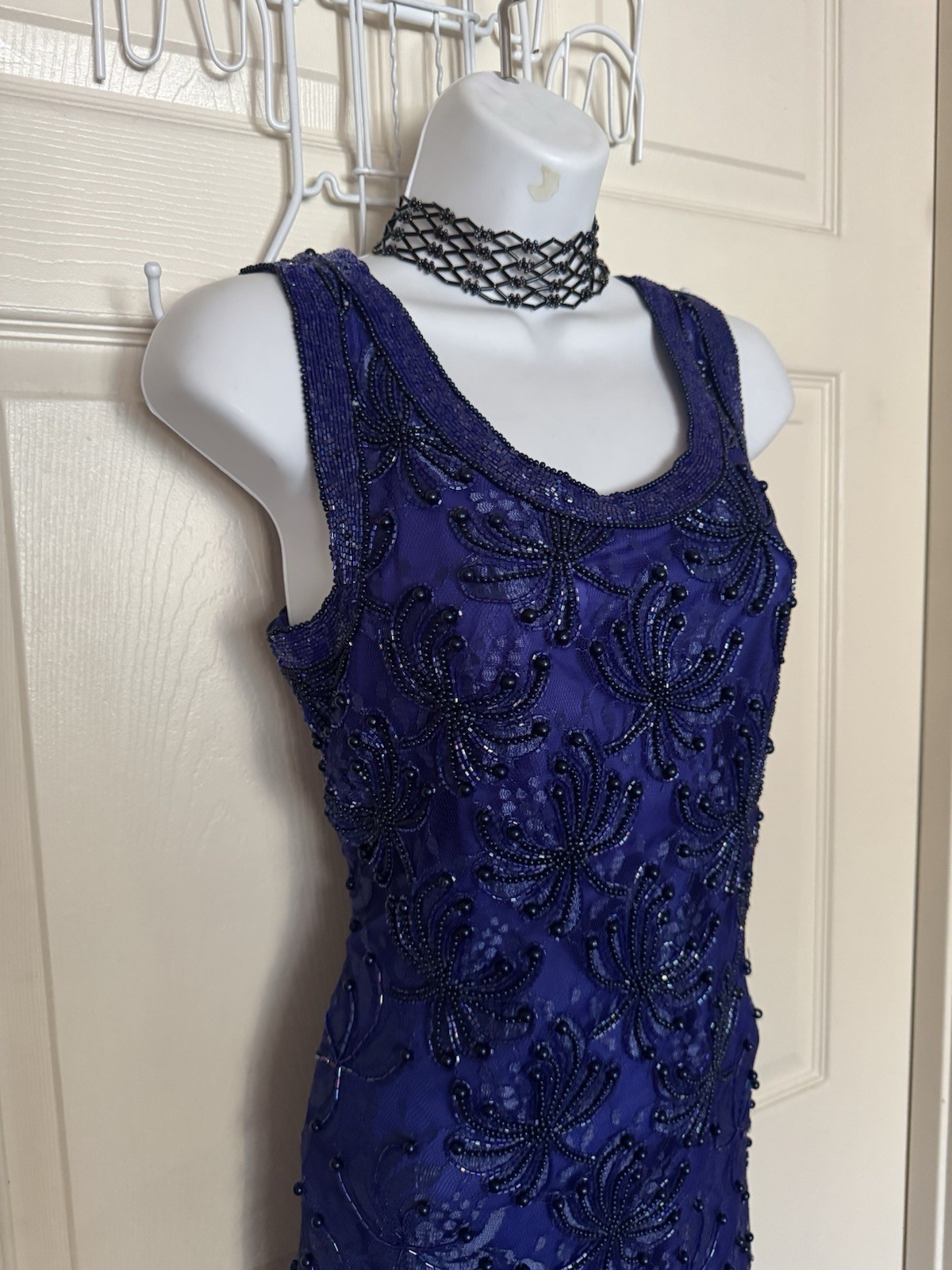 Vintage Fully Beaded Royal Blue Lace Party Dress (Size M-L) Special Occasion