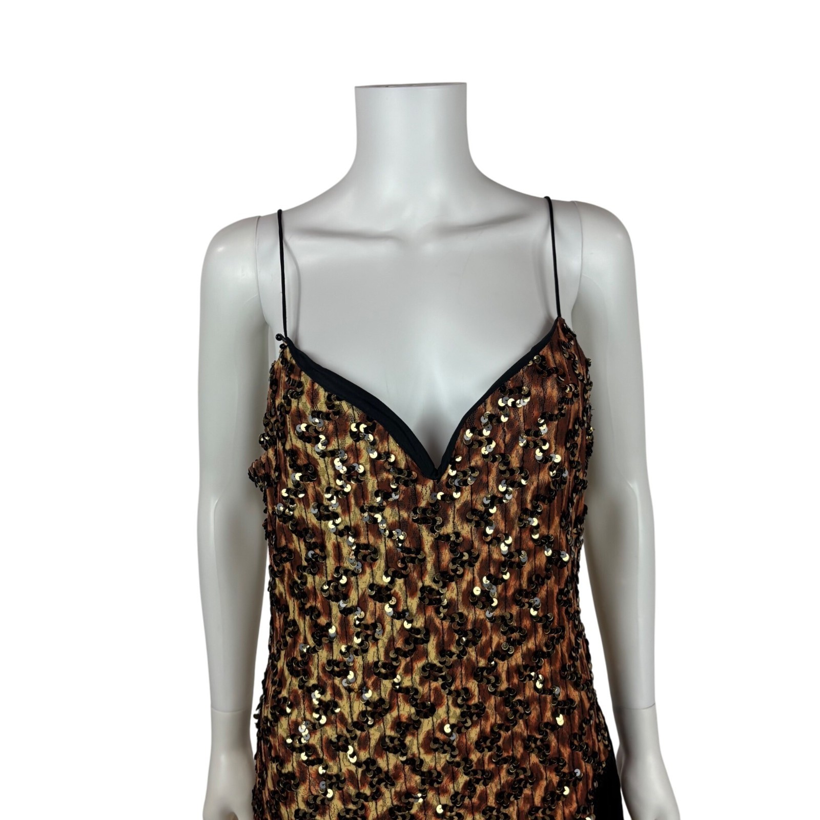 Vintage 90s Flapper Dress Womens Medium Leopard Style Print Sequin Party Fringe