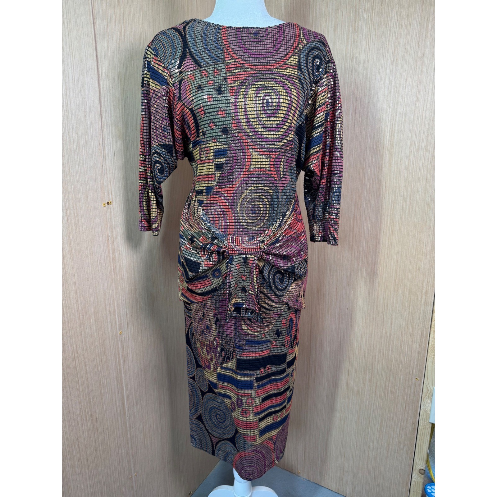 Vintage Janine of London La Vie Mosaic Metallic Knit Midi Dress Gold Red Sz M