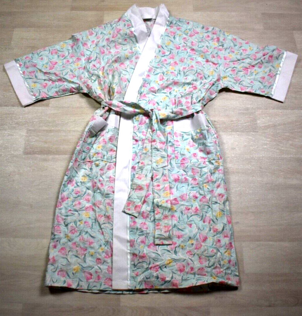 80s Adonna Floral Poly Cotton Robe Vintage 1980s Spring Belted Pockets Large