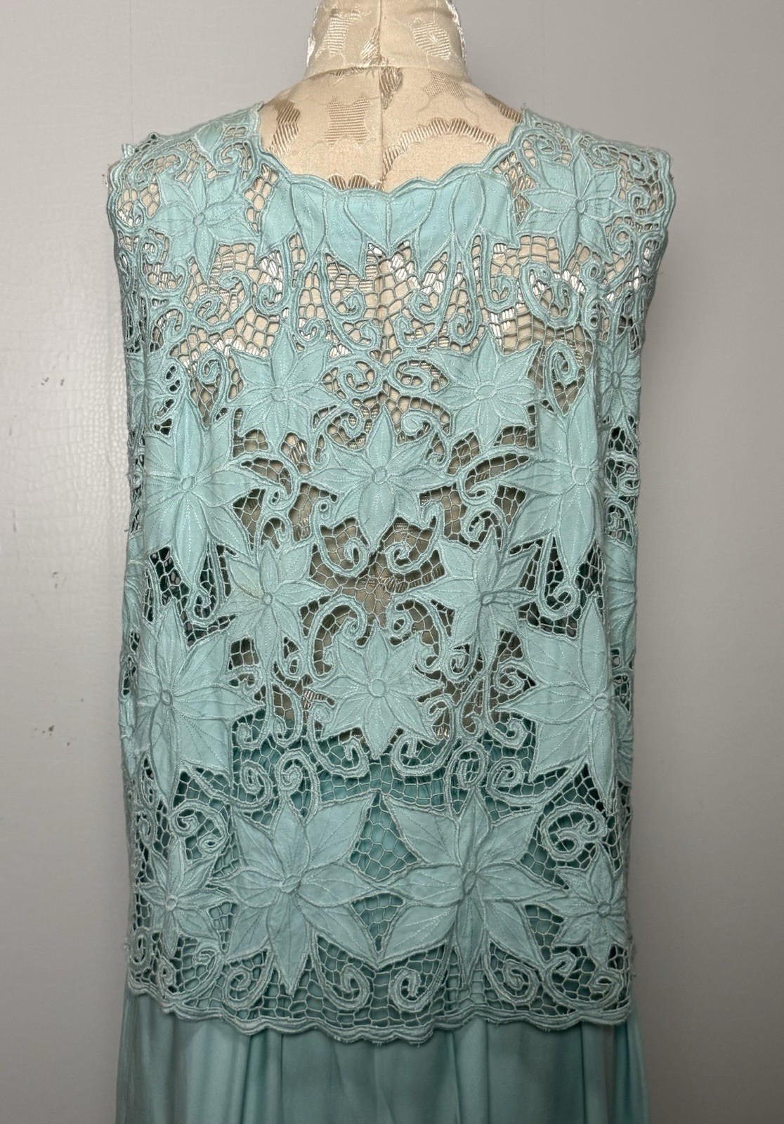 Vintage Aqua Blue Cutwork Lace 2 Pc Dress Set Boho Resort Maxi M