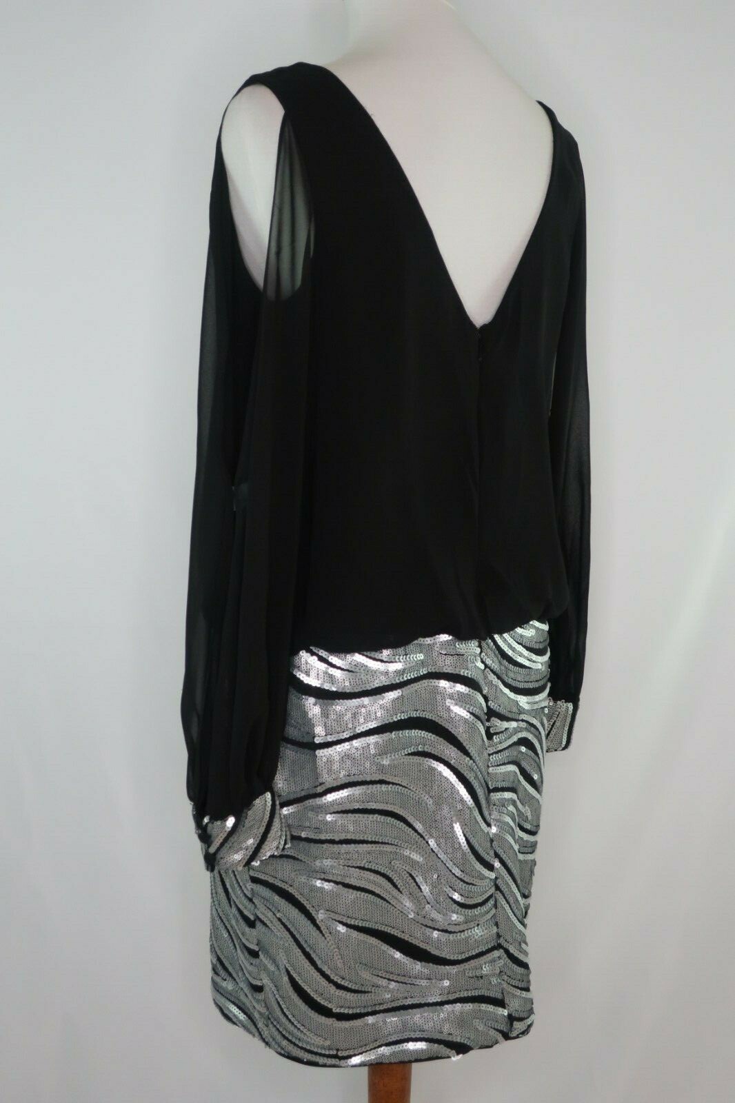 Cache Black Silver Sequin Evening Party Cocktail Dress Sheer Open Sleeve Size 10