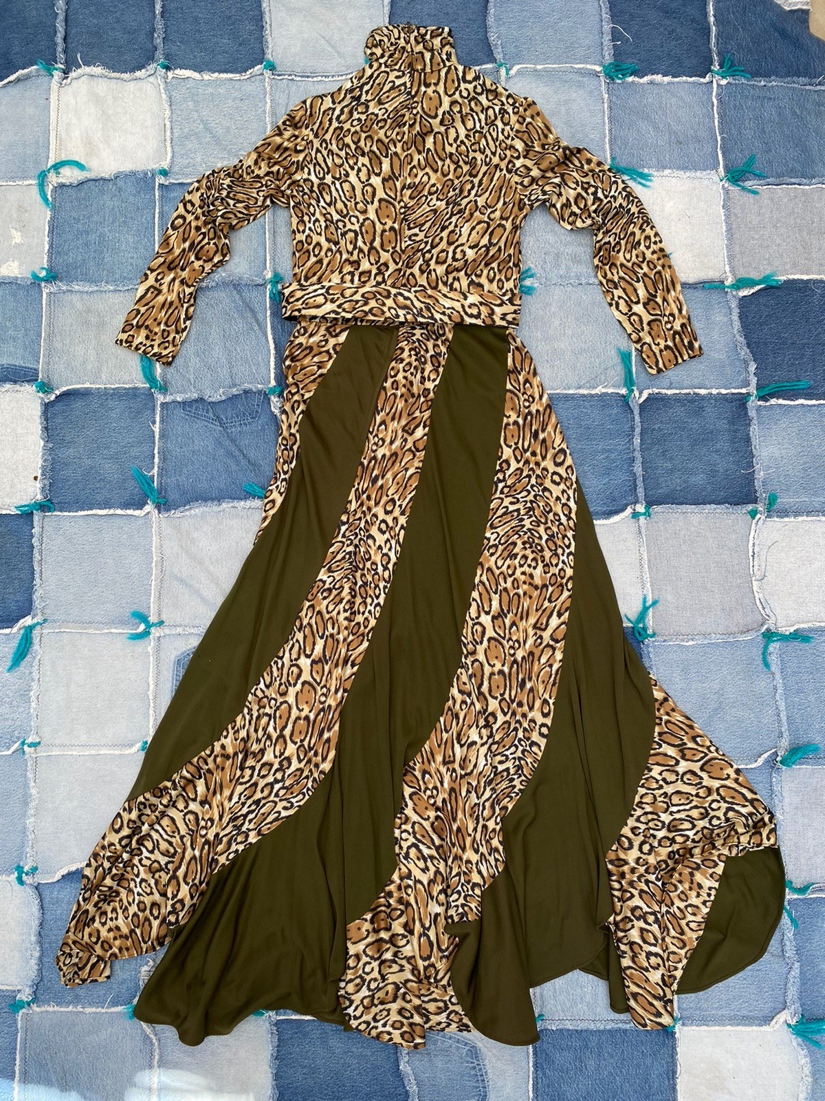 Vintage 70s Leopard Maxi Dress Mock Neck Animal Print Disco Glam Boho XS S
